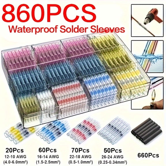 860pcs Waterproof Solder Seal Wire Connectors, Heat Shrink Butt Connectors, Insulated Electrical Butt Splice Wire Terminals, for Marine Automotive Truck Wire Joints