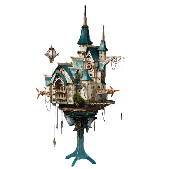 863PCS Fantasy Steampunk Castle 3D Wooden Puzzle Model Kit, Sky Castle DIY Assembly Building Set With Detailed Architecture And Shelf Display Decor For Hobby Enthusiasts