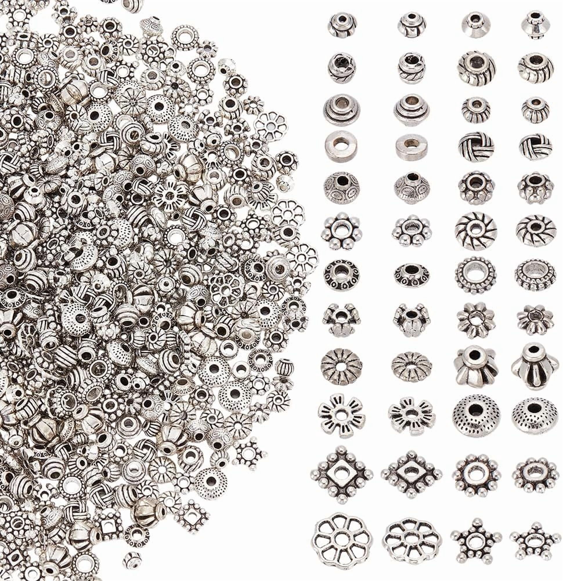 864Pcs 24 Styles Tibetan Style Alloy Spacer Beads Metal Silver Flat Round Bicone Flower Charm Spacers Loose Beads for Jewelry Making Bracelets Necklace DIY Craft