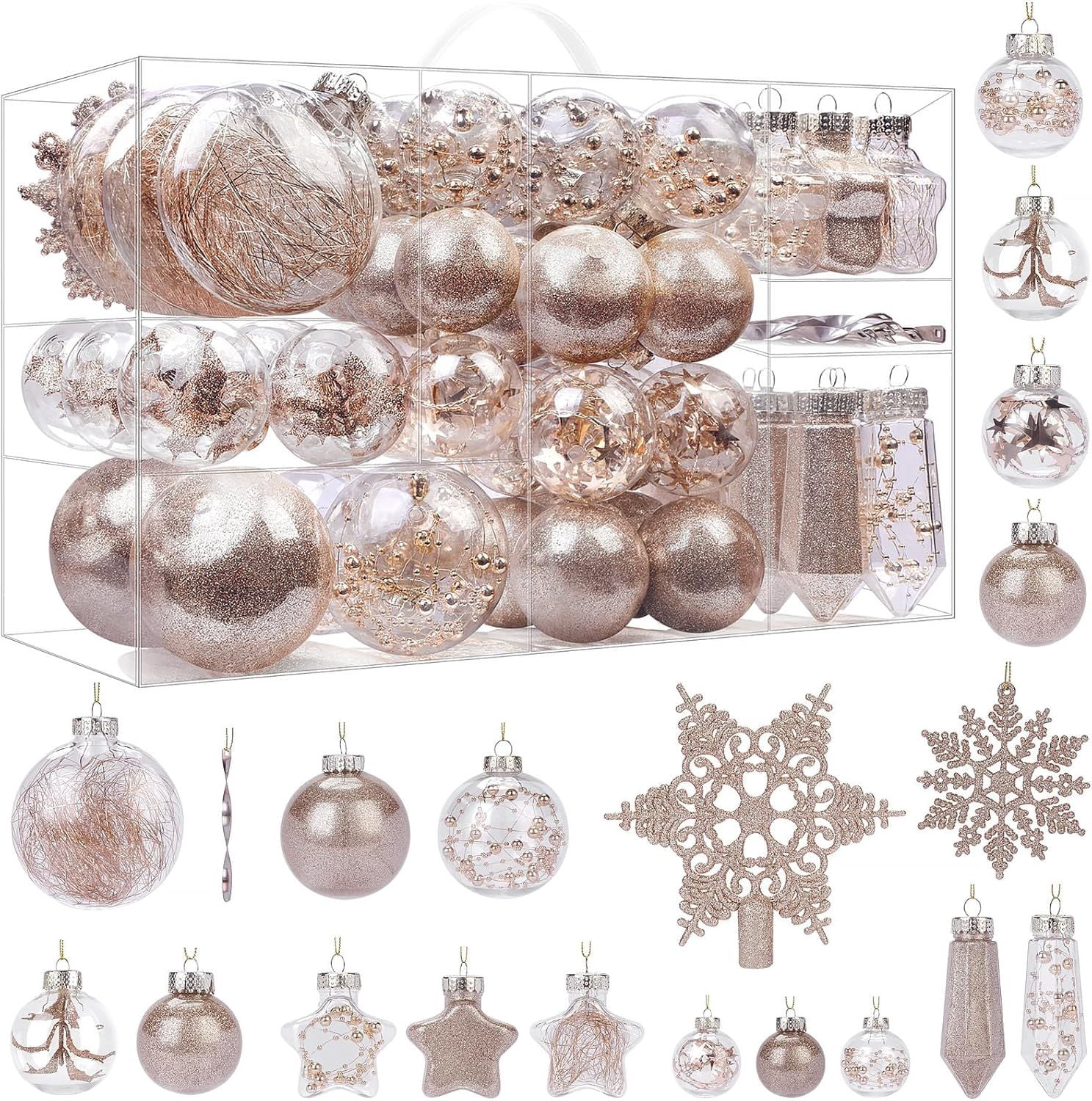 86PCS Christmas Tree Ornaments Clear Set, Shatterproof and Clear Plastic Baubles for Xmas Tree Decor, Holiday Wedding Party Decoration, Champagne