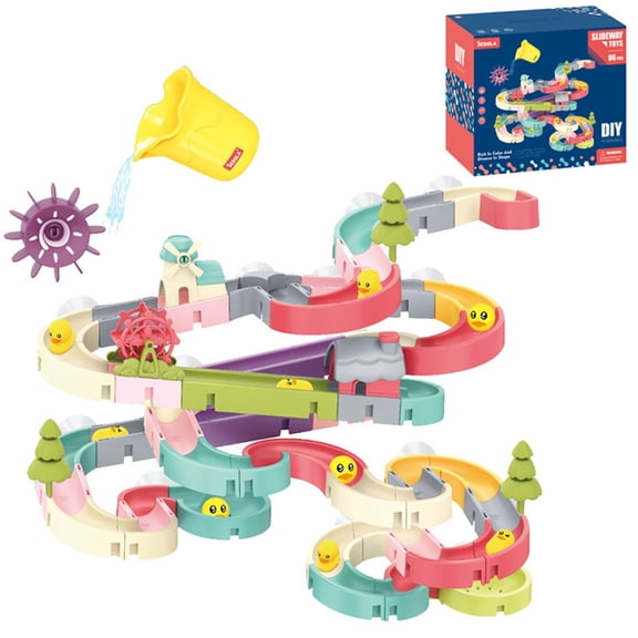86Pcs Assembly Track Slide With Rolling Balls Kids Bathroom Toy, Toddlers Shower Time Distraction Interactive Water Table Play Routine, Non Toxic BPA Free Smooth Suction Wall Mount Games For Babies