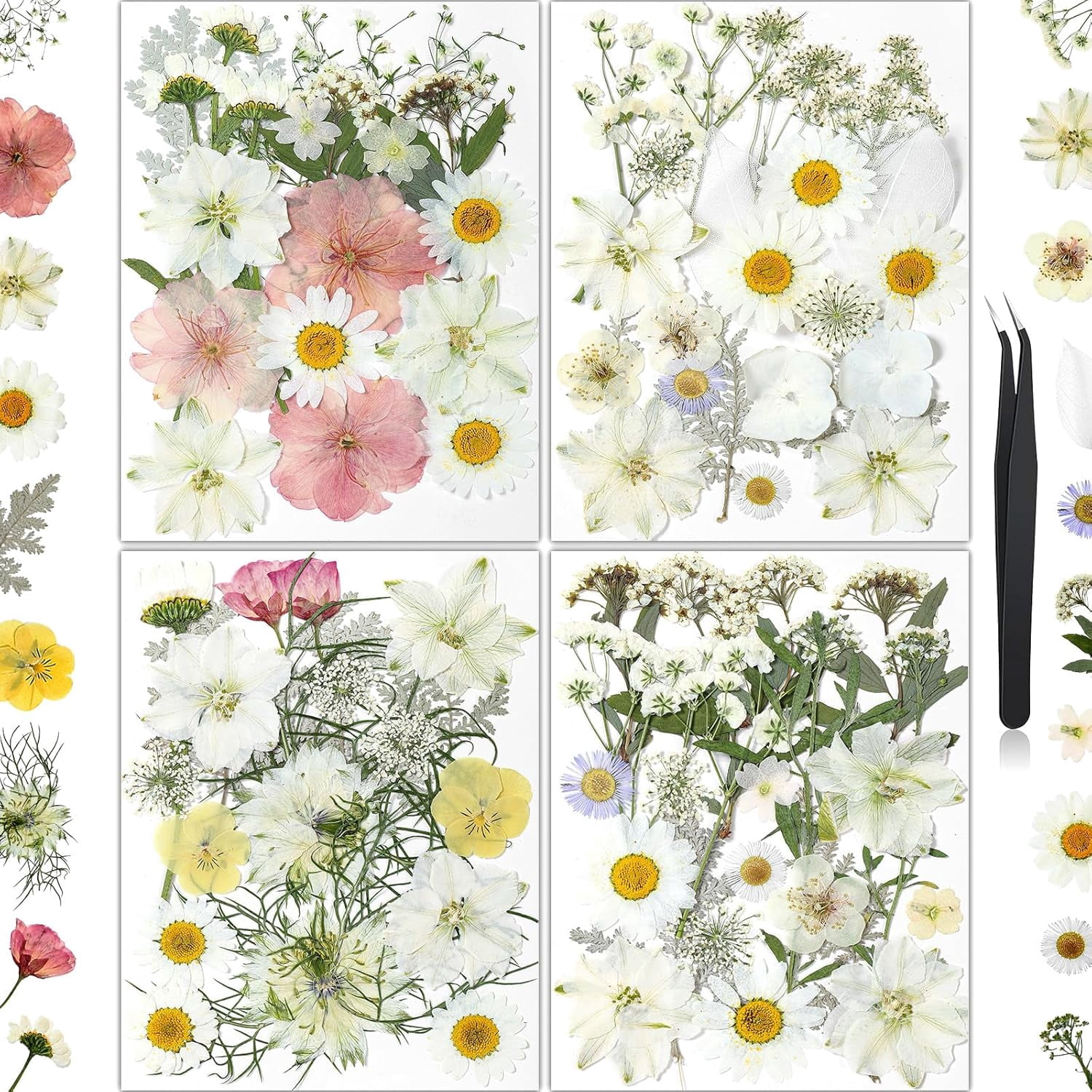 86Pcs Dried Flowers for Crafts, Real Pressed Flowers for Crafts Dried Pressed Flowers Dry Leaves in White, Pink & Yellow Tones for Resin, DIY Art, Scrapbook, Jewelry, Candle & Soap Making with Tweeze