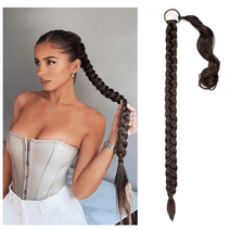 86cm Long Braided Ponytail Extension with Elastic Band Black Brown,2 Pcs/Set Jademall  Straight Wrapped Braid Hair Extensions, DIY Natural Soft Synthetic Hairpiece for Women