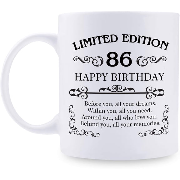 86th Birthday Gifts for Women Men - 11 oz Coffee Mug - 86 Year Old Present Ideas for Mom, Dad, Wife, Husband, Son, Daughter, Friend, Colleague, Coworker (86th Birthday Gift)