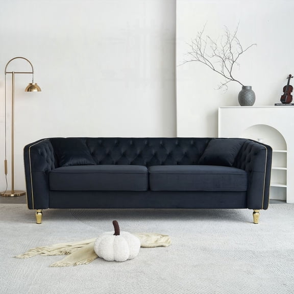 Modern 87.01"W Tufted Velvet Sofa for Living Room,Black with Sturdy Wood Frame