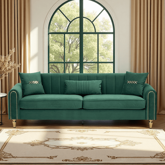 87.4" Green Contemporary Upholstered Sofa Couch for Living Room - Plush 3 Seater with Pocket Coil Springs, Lumbar Pillow, Metal Legs - Modern Apartment Furniture