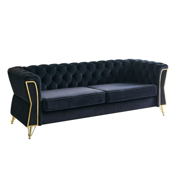 87.4 Inch Velvet 3 Seater Sofa Couch, Modern Luxury Couch with Thick Cushion and Golden Legs, Large Comfy Sofa with Tufted Button Decor for Living Room, Black