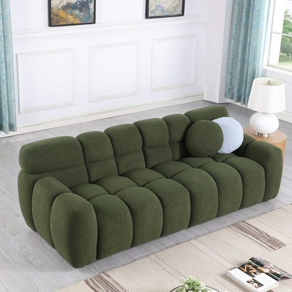 87.4" Lrge Size Sofa, Boucle Upholstered Sofa Couch with 2 Throw Pillow, Marshmallow Armrests & Backrest, 3-Seater Sofa for Bedroom, Apartment, Home Office, Olive Green