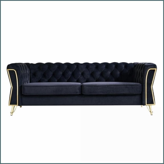 87.4 Modern Tufted Velvet Sofa with Flared Arms for Living Room  Black | Velvet | Tufted Back