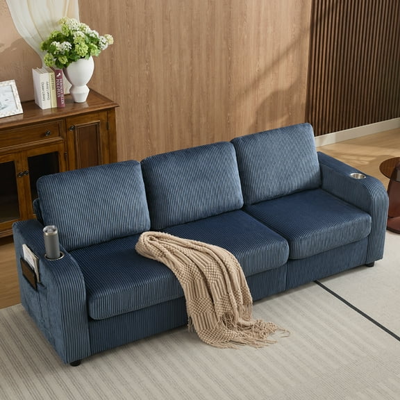 87.4" Oversize 3 Seater Couch,Upholstered Sofa for Living Room,Modern Deep Seat Comfy Loveseat Couch with Cup Holders,Corduroy Love Seat Sofa,Blue