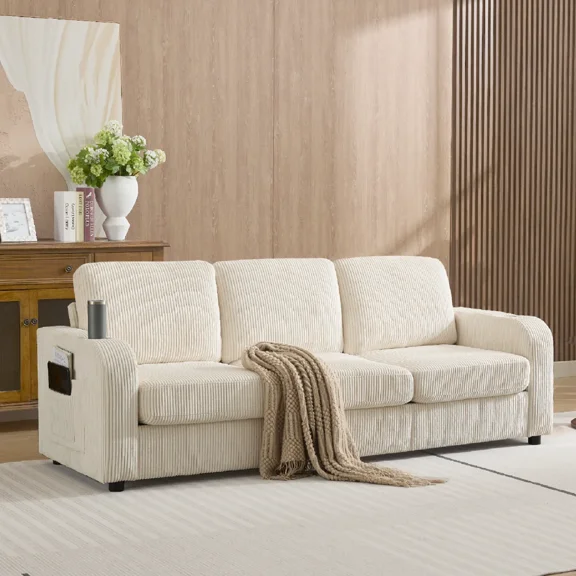 87.4" Oversized 3 Seater Couch, Upholstered Sofa for Living Room,Modern Deep Seat Comfy Love Seat Couch with Cup Holders,Corduroy Loveseat Sofa (Beige)