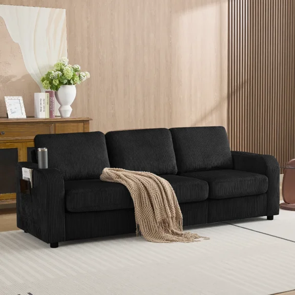 87.4" Oversized 3 Seater Couch, Upholstered Sofa for Living Room,Modern Deep Seat Comfy Love Seat Couch with Cup Holders,Corduroy Loveseat Sofa (Black)