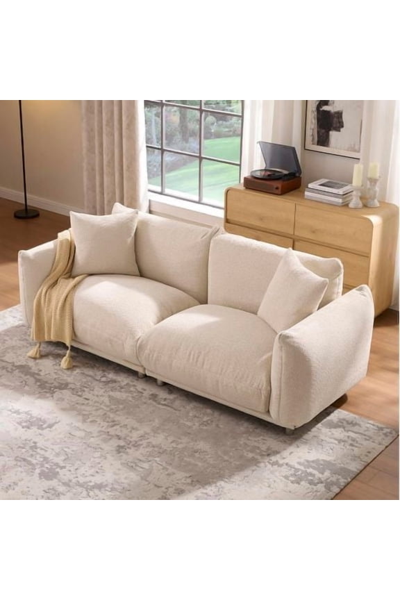 87.4" Sherpa Cloud Couch, Modern 3-Seater Loveseat Sofa with 2 Pillows, Upholstered Boucle Couch for Living Room Apartment, Camel