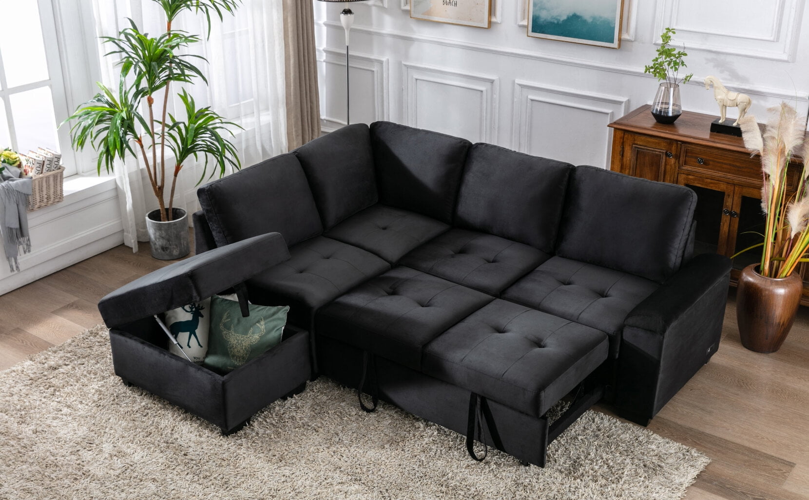 87.4" Velvet Modern Sectional Couch with Pull Out Bed, L Shaped Sleeper