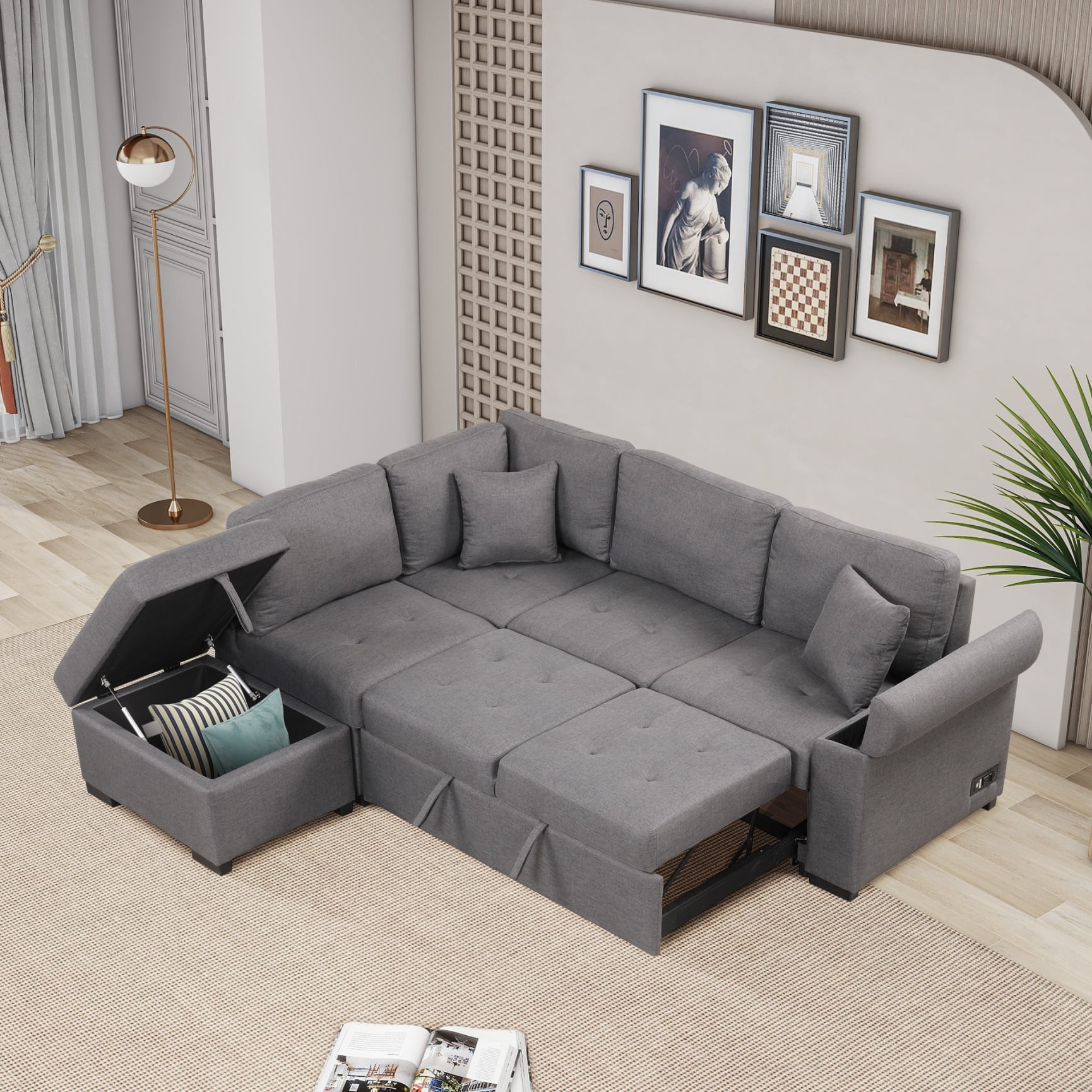Velvet Modern Sectional Couch with Pull Out Bed L Shaped Sleeper Sofa with Storage Ottoman Hidden Storage Arm and Charging Ports Pull Out Corner Couch for Living Room Dark Gray Walmart