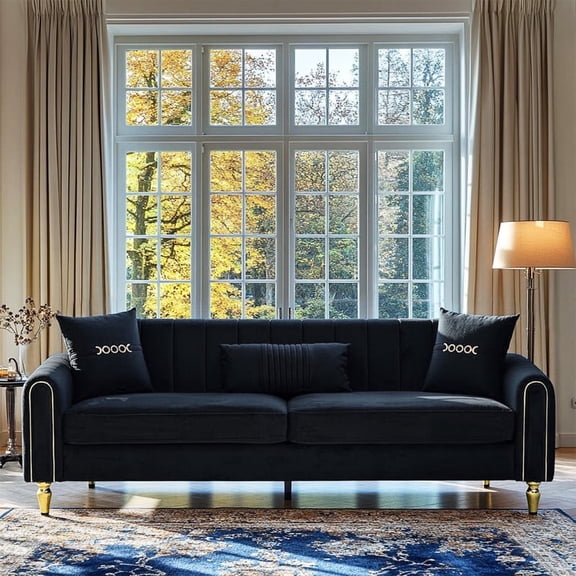 87.5" Modern 3-Seater Velvet Couch with Metal Legs & Decorative Pillows, High Resilience Sponge Spring Seat, Luxury Sectional Loveseat Sofa for Living Room Apartment Small Space Black