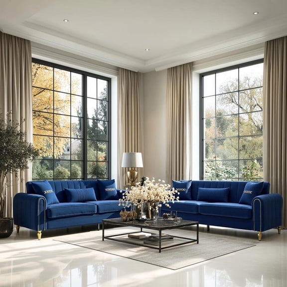 87.5" Modern 3-Seater Velvet Couch Set of 2 with Metal Legs & Decorative Pillows, High Resilience Sponge Spring Seat, Luxury Sectional Loveseat Sofa Set for Living Room Apartment Small Space Blue