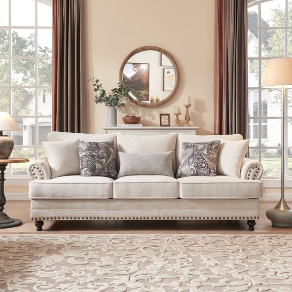 87.5 in. Chesterfield Couch Rolled Arm Chenille Beige Rectangle Sofa for Living Room with Nailhead Trim