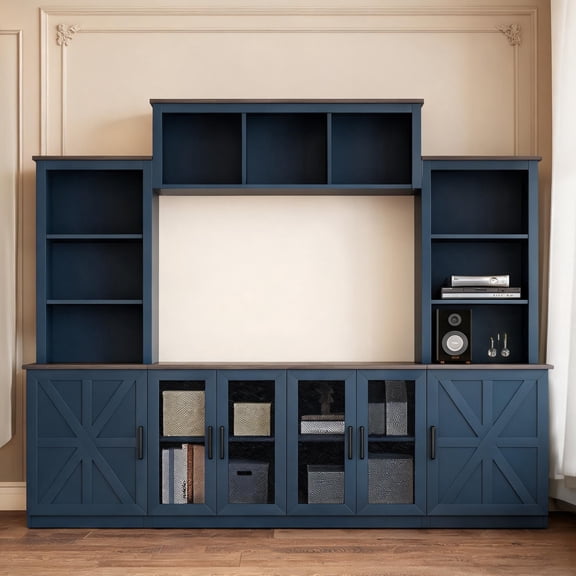 87.6-Inch Modern Entertainment Center with Charging Station, Soft Blue MDF TV Stand with Storage Cabinets