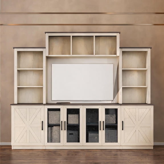 87.6 Inch Wide Entertainment Center Wall Unit, Soft Beige MDF, Built-in Charging Station and USB Ports, Large TV Stand Media Console with Cabinets for Living Room