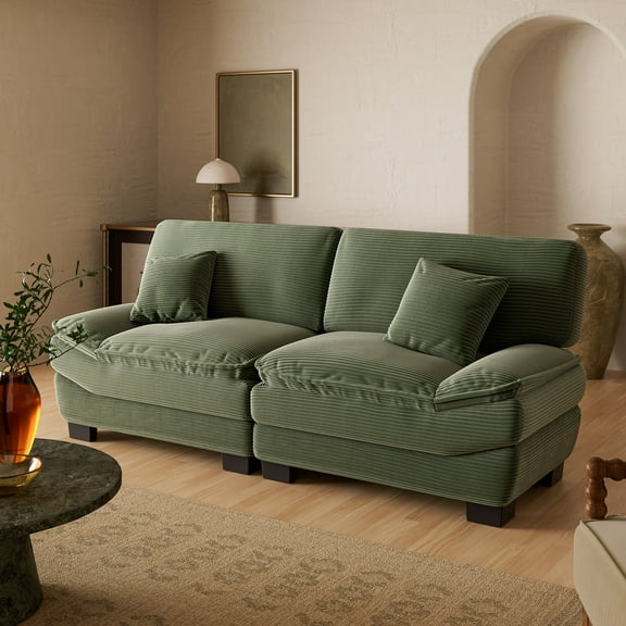87" Corduroy Couch with 2 Pillows, Sailboat-Shape Deep Seat Sofa for Living Room, Small Green Loveseat Space, Office, Apartment
