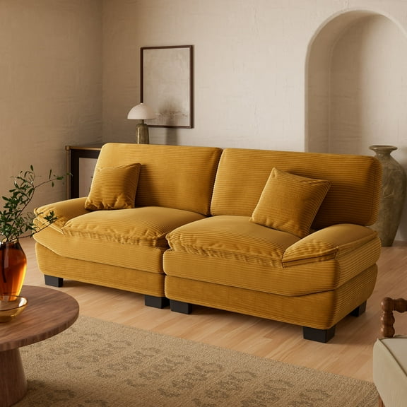 87" Corduroy Couch with 2 Pillows, Sailboat-Shape Deep Seat Sofa for Living Room, Small Orange Loveseat Space, Office, Apartment