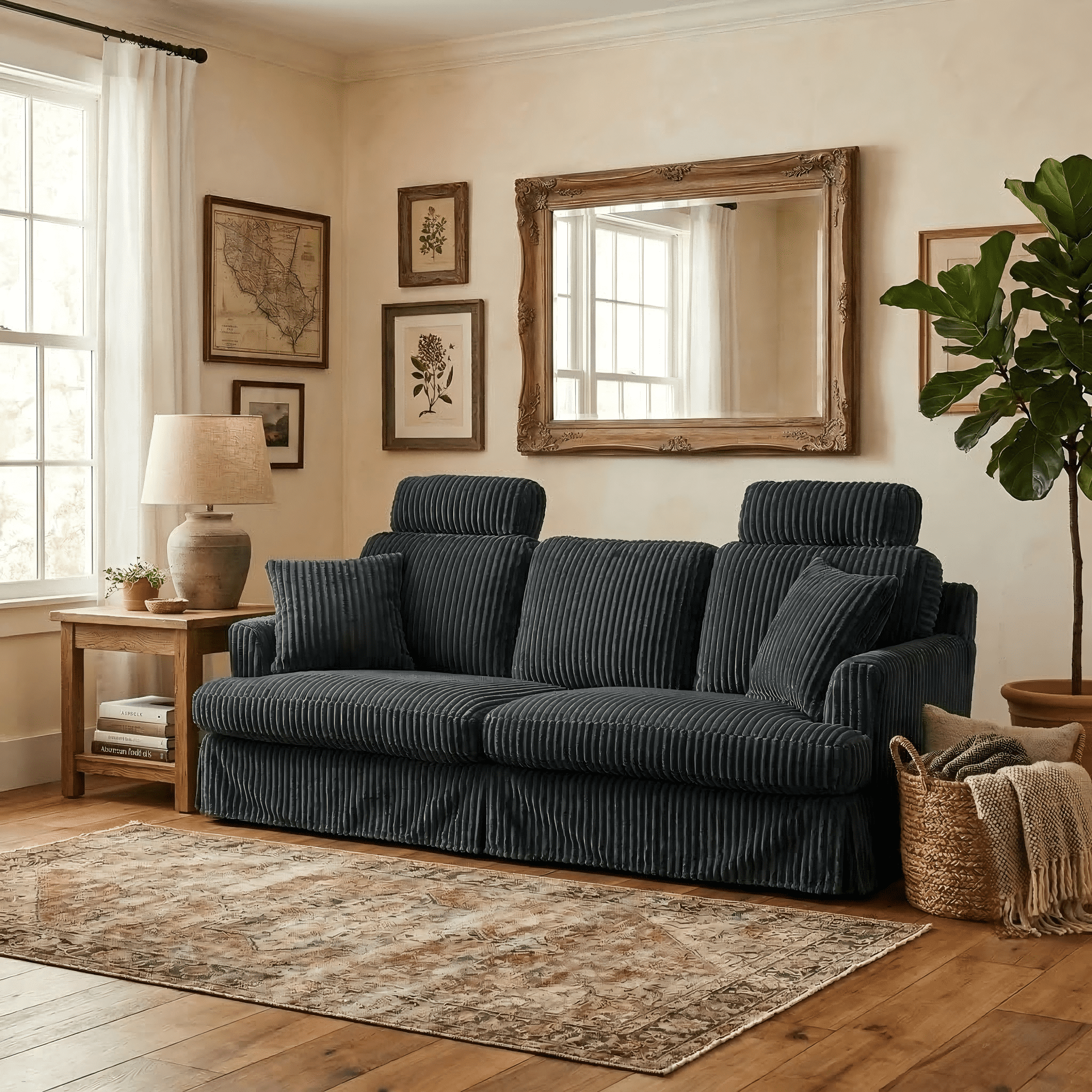 87.5" Corduroy Sofa Couch for Living Room, AAQZ 3 Seater Sofa in a Box, Headrest, 2 Pillows,Gray