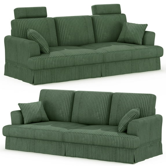 87.5" Corduroy Sofa Couch for Living Room, AAQZ 3 Seater Sofa in a Box, Headrest, 2 Pillows,Green