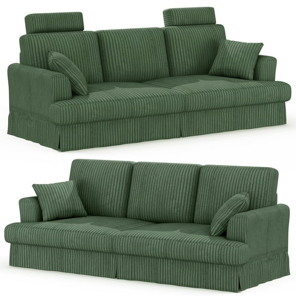 87.5" Corduroy Sofa Couch for Living Room, AAQZ 3 Seater Sofa in a Box, Headrest, 2 Pillows,Green