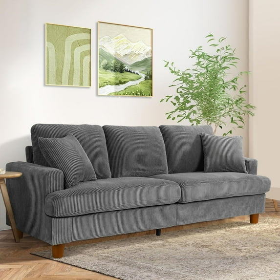 87" Corduroy Sofa,3 Seater Sofa Extra Deep Seats,Neche Comfy Upholstered Couch for Living Room,2 Pillows,Gray