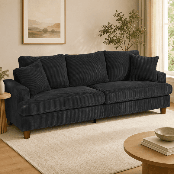 87" Corduroy Sofa,3 Seater Sofa with Extra Deep Seats,Neche Comfy Upholstered Couch for Living Room,2 Pillows,Black