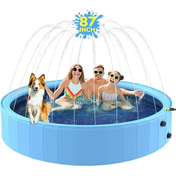 87'' Foldable Dog Pool, Sprinkler Pool for Kids, Non-Slip Heavy Duty Dogs Splash Pad for Small Dogs, Hard Plastic Kiddie Bathtubs for Backyard