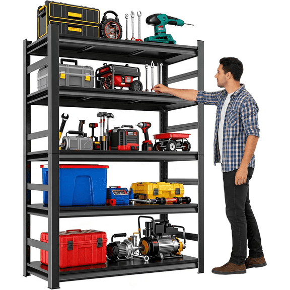 87" H Metal Garage Shelving, 5 Tier Adjustable Kitchen Storage Shelves, Book Shelf for Pantry Closet Laundry, Black, 24"D x 48"W