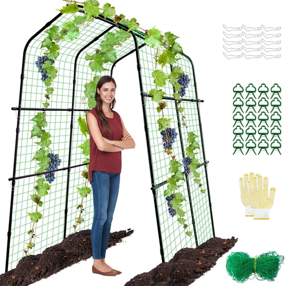 87 Inch Tall Garden Arch Trellis for Plant Climbing Outdoor- Large Tunnel Trellis- Metal Plant Support Trellis Archway with Climbing Net for Climbing Vine Vegetables Fruits Flowers Yard Lawn