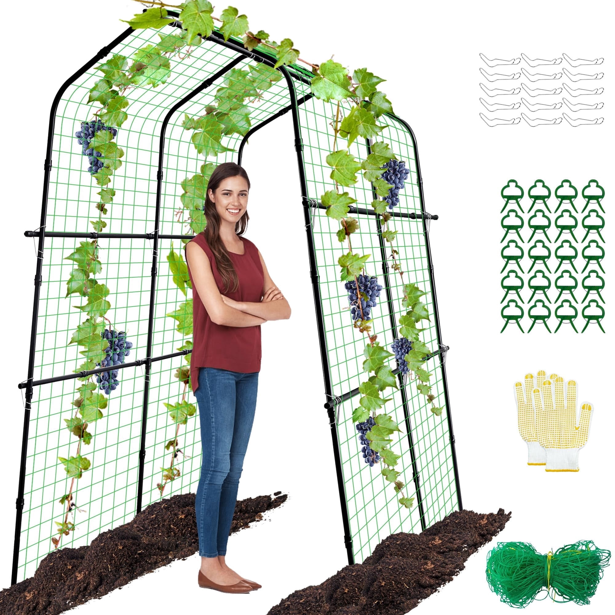 Ebaokuup 87 inch Metal Garden Arch Trellis with Climbing Net for Plants, Flowers and Vegetables