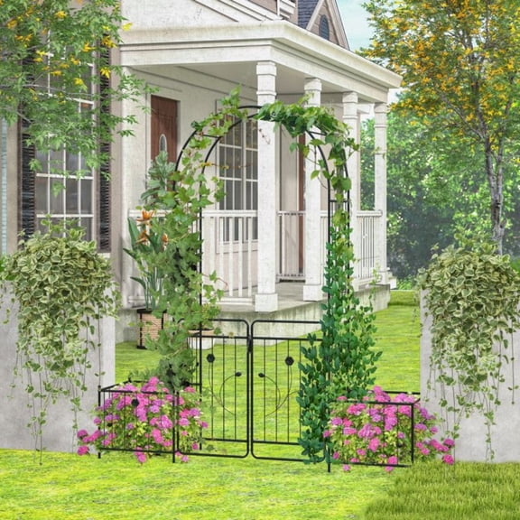 87" Garden Arbor with Lockable Gate & Side Planters, Metal Arch Trellis for Wedding Patio & Climbing Plants