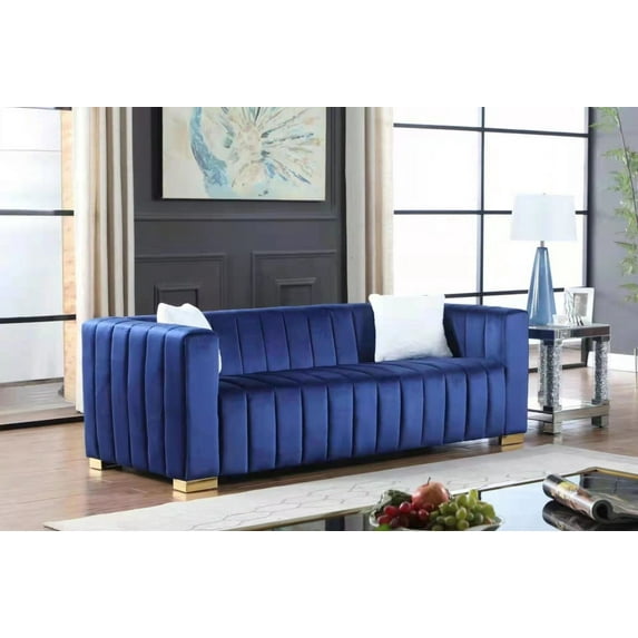87"L Velvet Channel Tufted Sofa, Modern Upholstered Couch with Metal Legs and Pillows, Traditional Chesterfield 3 Seater Sofa for Bedroom, Office, Living Room, Navy Blue