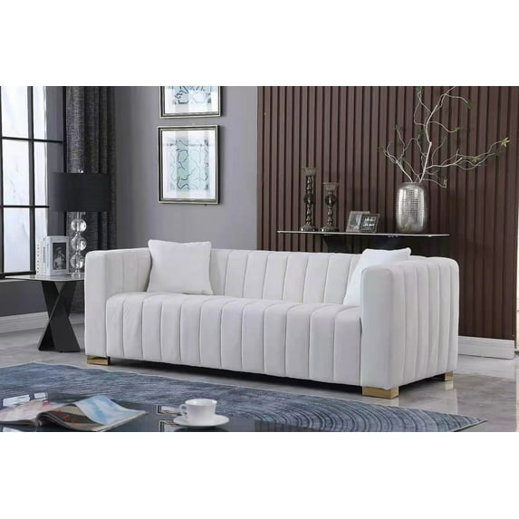Chesterfield Loveseat Sofa with 2 Pillows, Modern Velvet Upholstered 2 Seater Leisure Couch with Metal Feet, Comfy Lounge Sofa Couch for Living Room, Bedroom, Office, Apartment, White