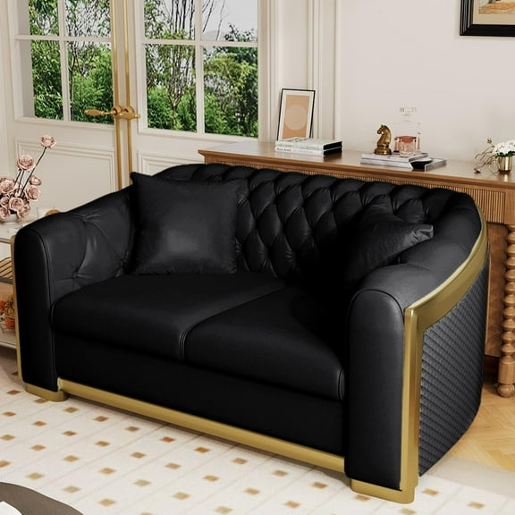 Wiilayok 62" Velvet Luxury 2 Seat Sofa,Mid-Century Classic Chesterfield Sofa Couch With Button Tufted,Gold Stainless Loveseat Sofa for Living Room,Black