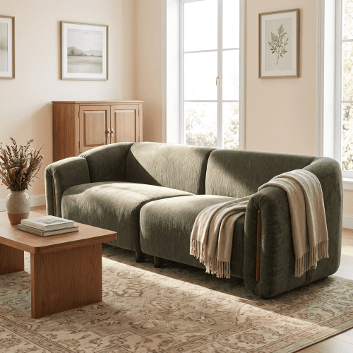 87" Minimalist Curved Traditional Sofa, Comfy Couch With Deep Seats, Modern Sofa Couch With Wood Slit Detail for living room, Green