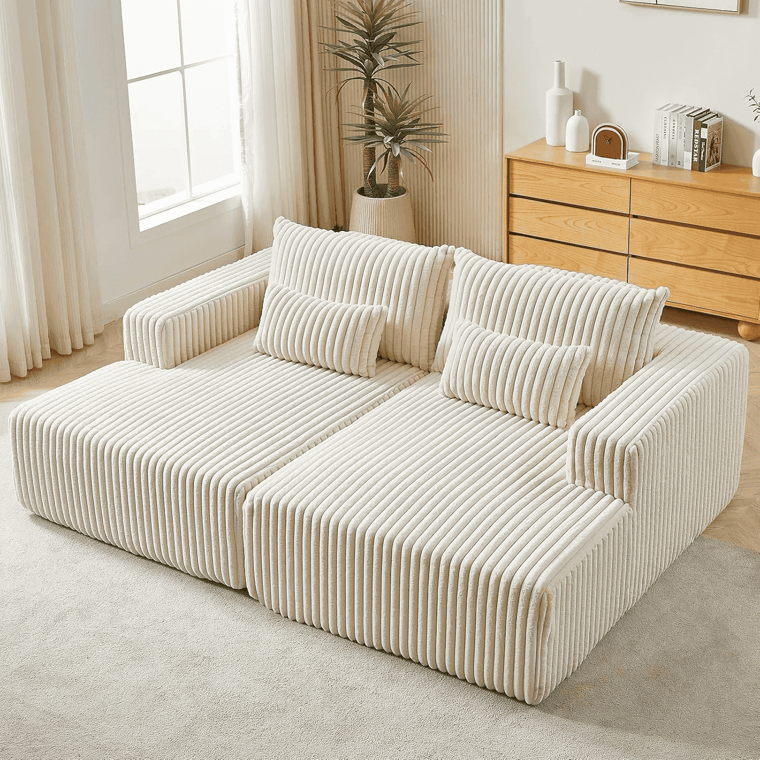 87" Oversized Double Lounge Chaise with Cloud Plush Sofa Bed Upholstered Boneless Sofa Deep Seat Fluffy Modern Corduroy Sleeper Loveseat Chair for Living Room Bedroom Reading