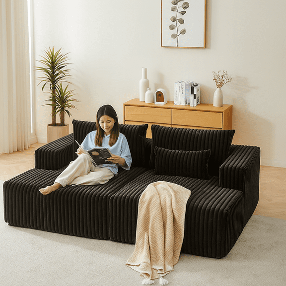 87" Oversized Sectional Lounge Chaise ,No Assembly Required,Cloud Plush Loveseat with Reclining Sofa Bed,Fluffy Modern Sleeper Chair for Indoor Living Room Bedroom