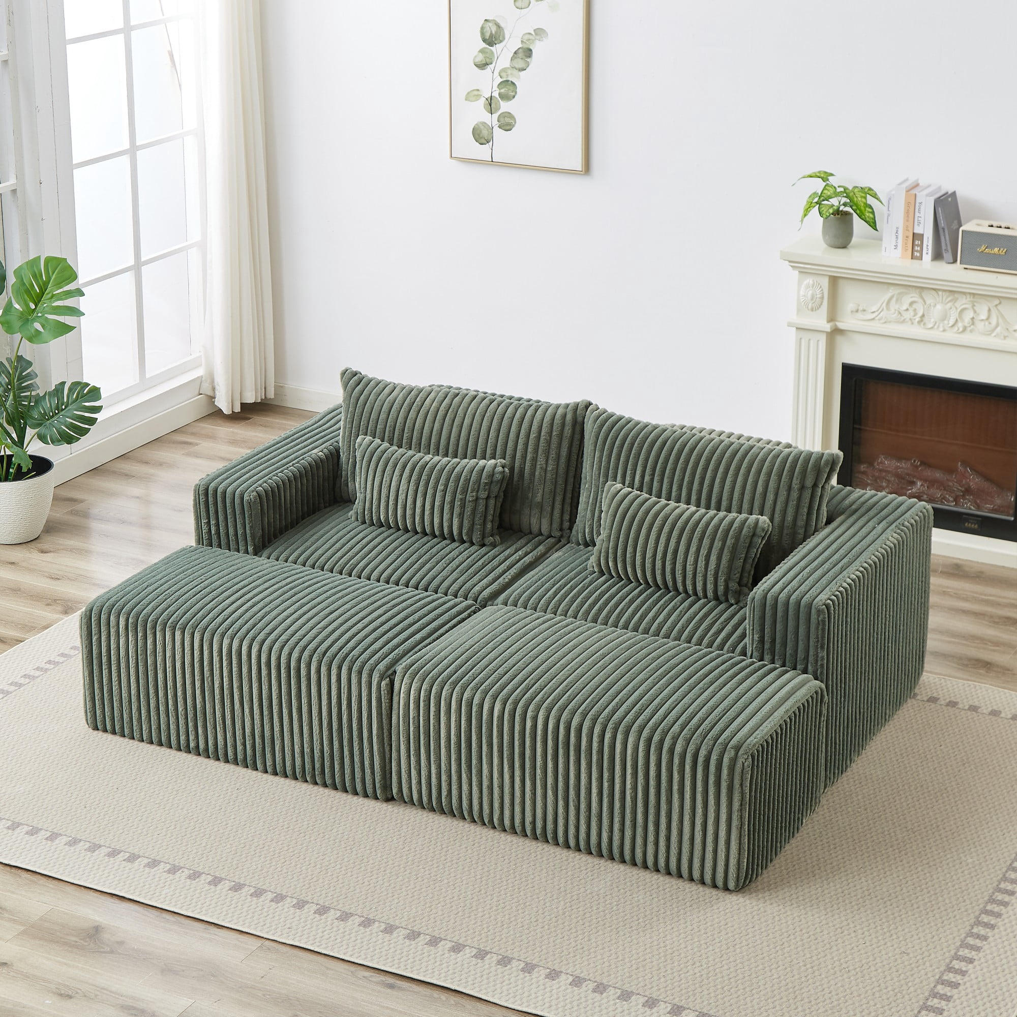 87" Oversized Sectional Lounge Chaise,No Assembly Required,Cloud Plush Loveseat with Two Removable Footstool,Fluffy Modern Sleeper Chair for Indoor Living Room Bedroom (Green)