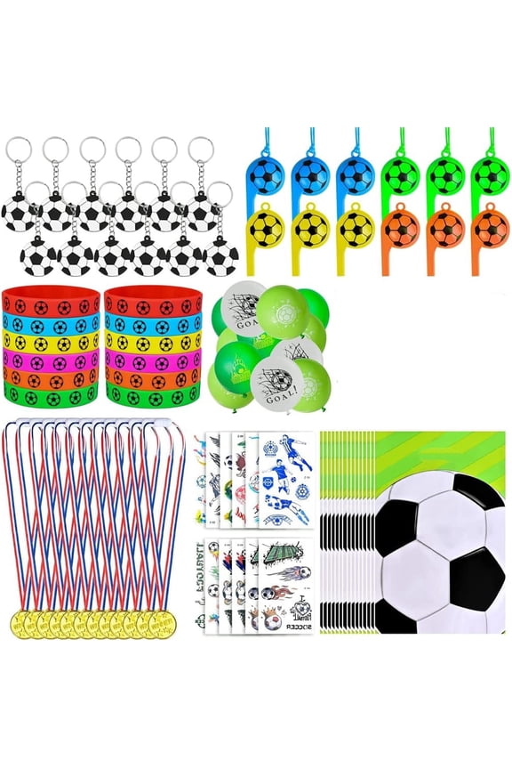 87 Pcs Football Party Favors Kit for Kids with Key Rings Wristbands Tattoos Whistles Balloons Medals and Gift Bags Perfect for Birthday Celebrations and Game Day Fun