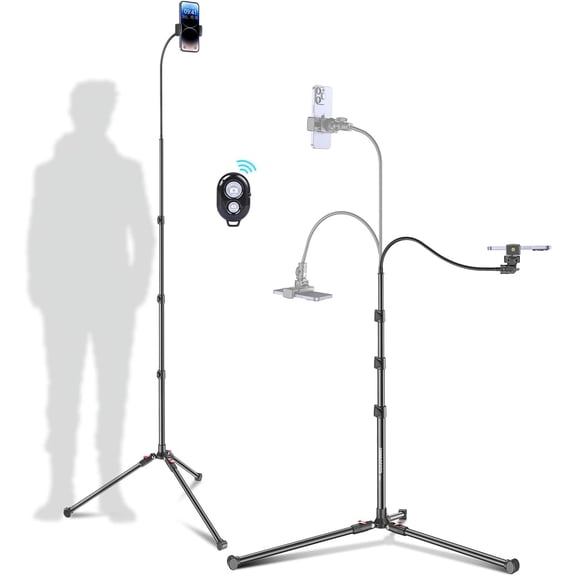 87" Phone Tripod, Overhead Flexible Tall Tripod Stand with Remote, Selfie Stick, Compatible iPhone, 15.7" Gooseneck/Adjustable 360 Head, Gopro/Ring Light/Webcam/Video Recording/Vlogging