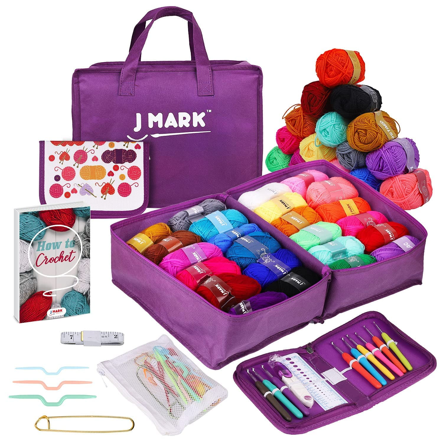 87 Piece Crochet Kit with Yarn Set Premium Bundle Includes 9 Crochet Hooks,  48 Acrylic Crochet Yarn Balls, 6 Needles, Book, Bags and More Beginner and  Professional Starter Pack Set 