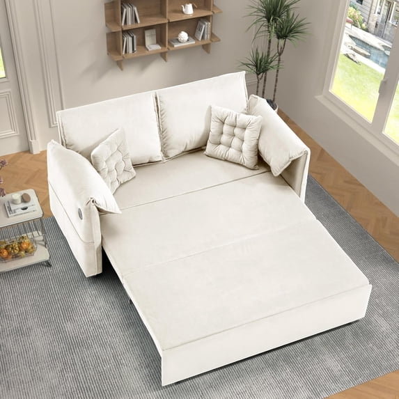 87" Pull Out Sofa Bed, Convertible Sleeper Sofa with Adjustable Backrest & Storage - Beige