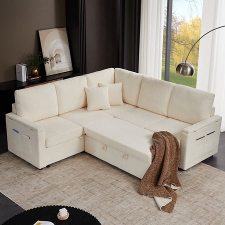 87'' Sectional Sleeper Sofa with Pull Out Bed, U Shaped 5 Seater Modular Sectional Sofa with 6 Storages Comfy Sleeper Sectional Couches for Living Room, Pet-friendly Couch Bed (Chenille, Beige)