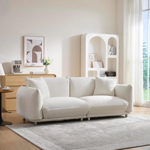 87" Teddy Sherpa Sofa Couch for Living Room, 2 Seater Deep Seat Comfy Couch, 2 Cushions, 2 Pillows,white