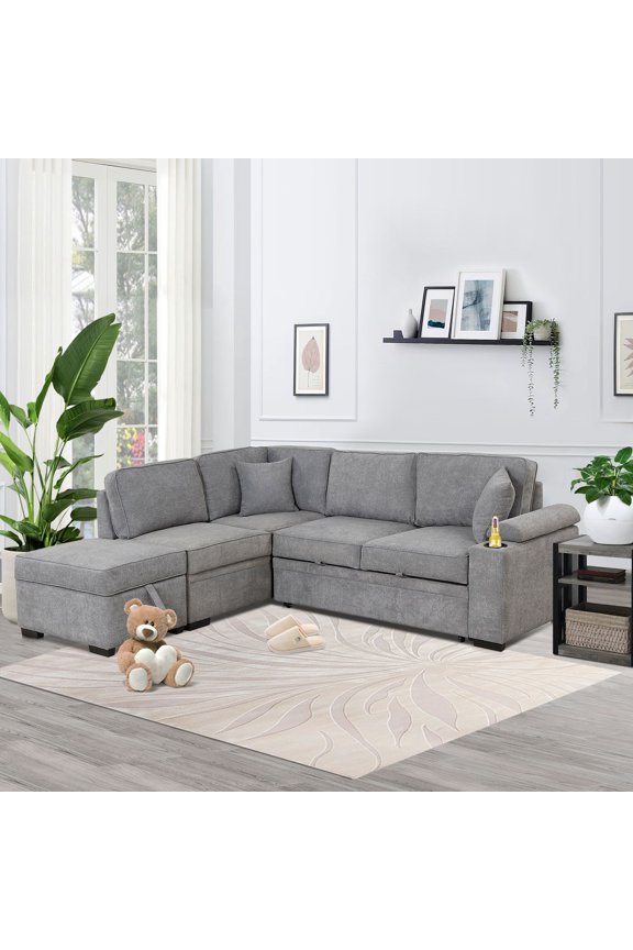 87" W Sectional Sleeper Couch with Storage, 2 in 1 Pull-Out Sofa Bed with Storage Ottoman, L-Shape Linen Corner Sofa & Couches with Chaise for Living Room Small Apartment